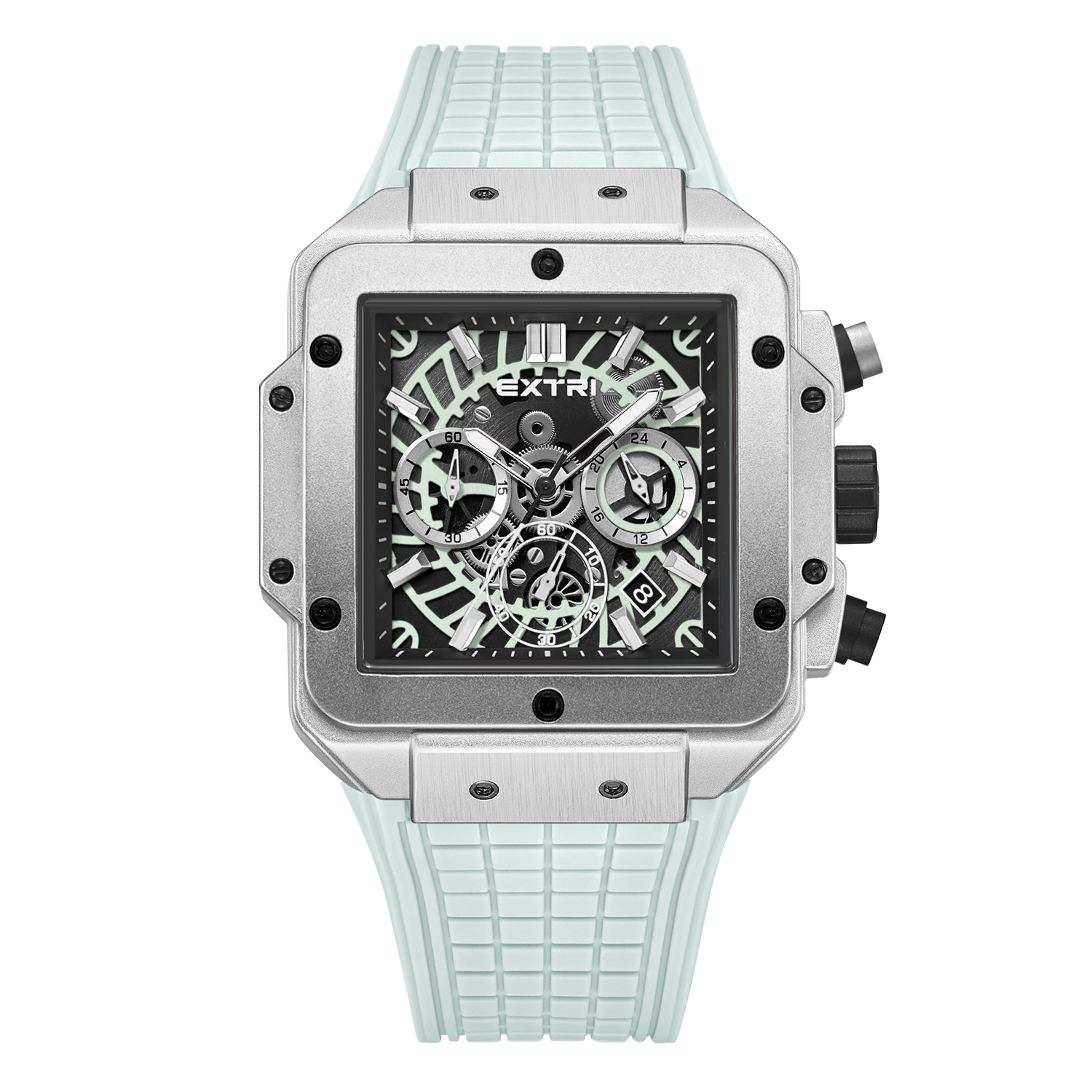 【EXTRI】X6097 潮流 時尚 方形 三眼 計時 日期顯示 夜光 矽膠錶帶 男款 手錶