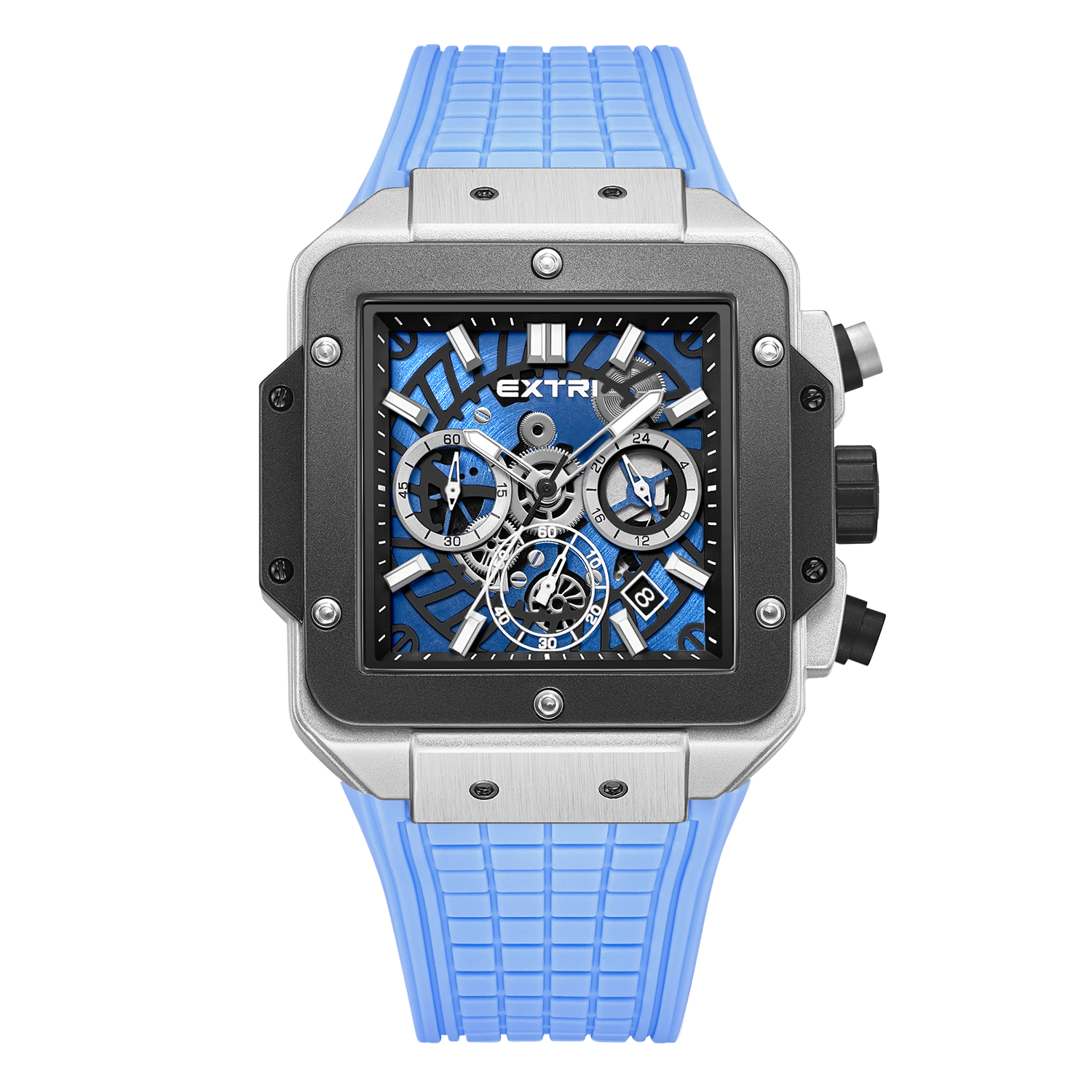 【EXTRI】X6097 潮流 時尚 方形 三眼 計時 日期顯示 夜光 矽膠錶帶 男款 手錶