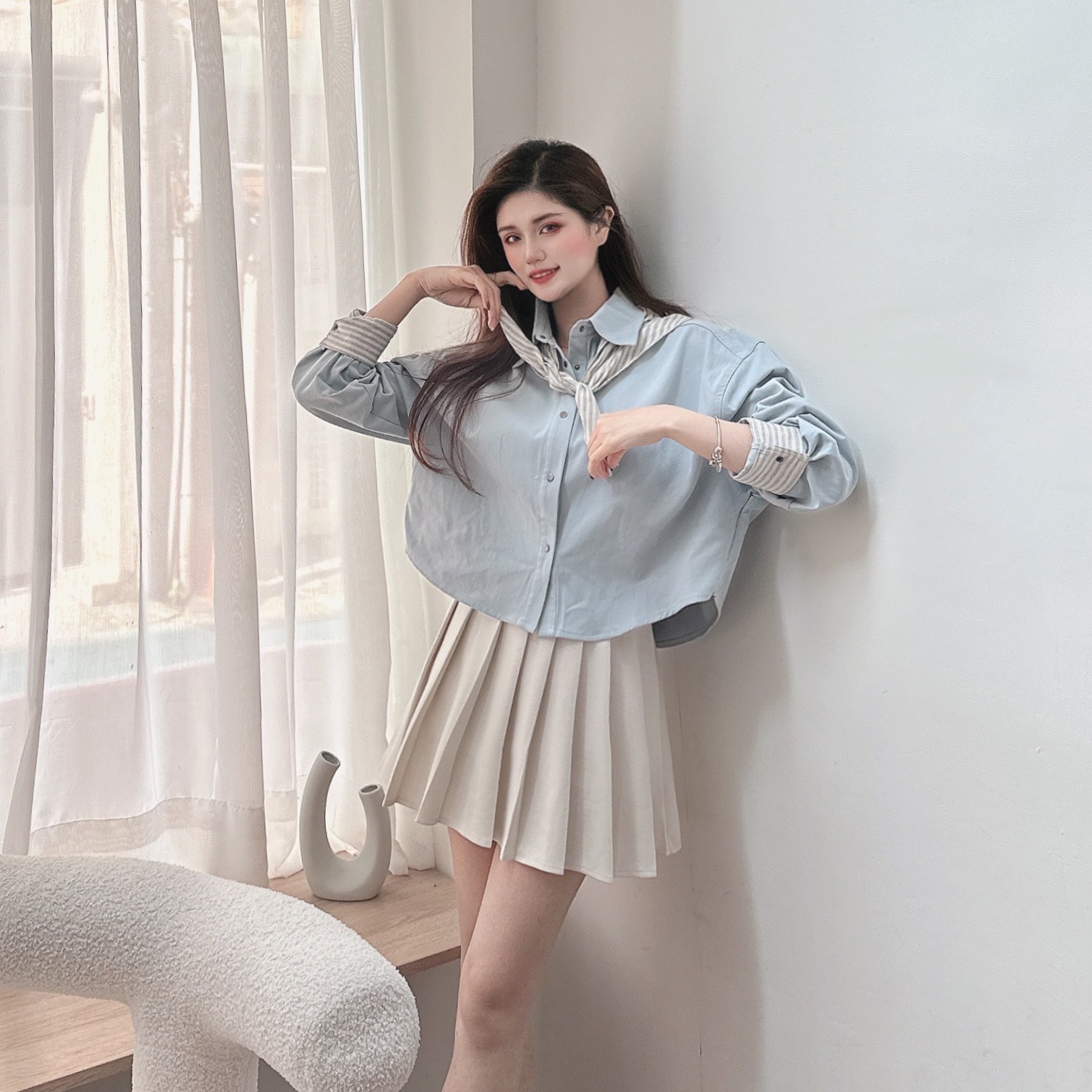 條文披肩銀扣襯衫/三色