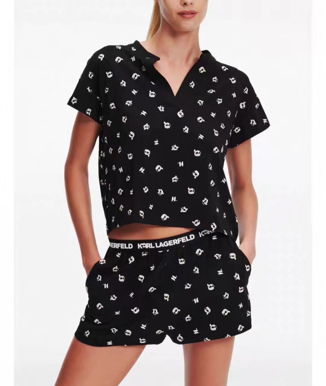 Karl 黑色 愛貓印花睡衣 女款