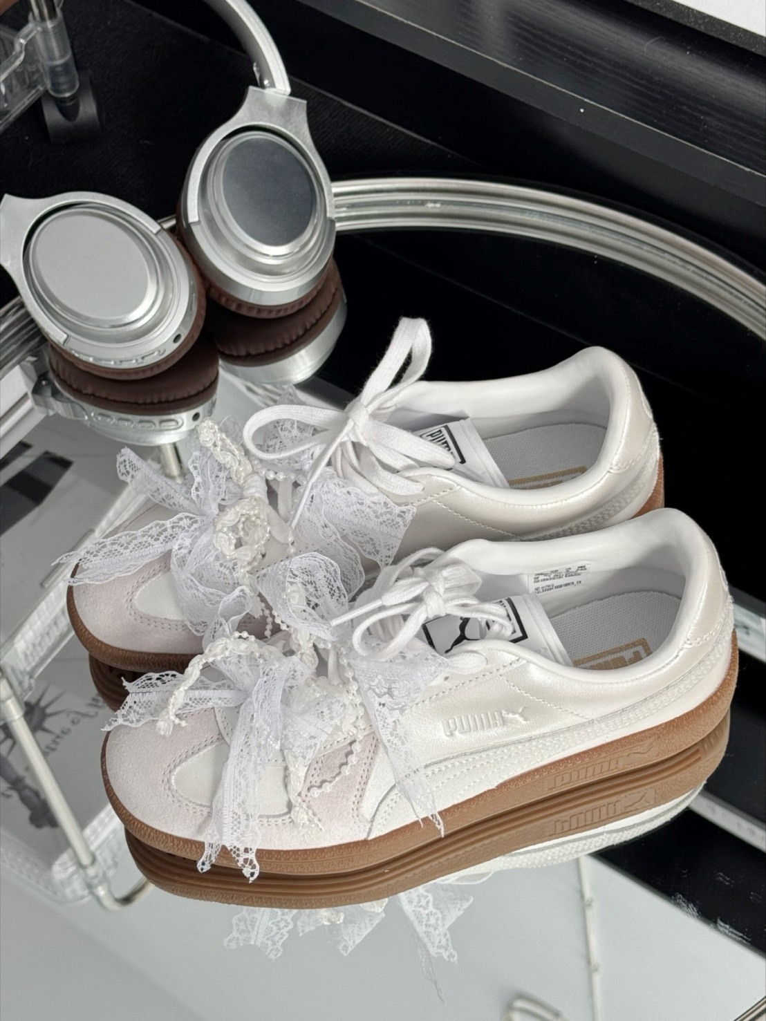 PUMA ARMY TRAINER 訂製鞋 蕾絲緞帶 珍珠小香風 銀白 386607-05（Team109-潔白花嫁）