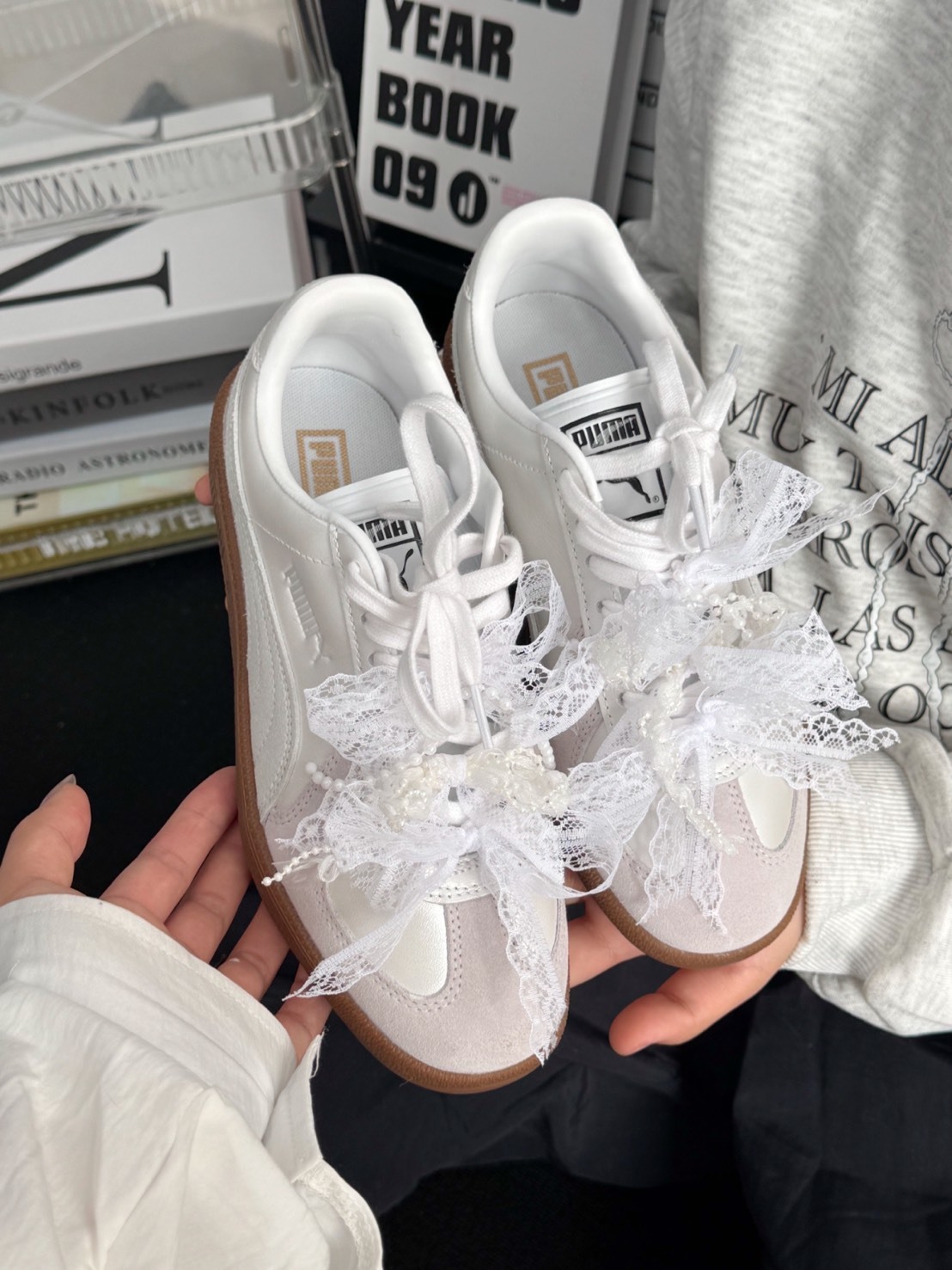 PUMA ARMY TRAINER 訂製鞋 蕾絲緞帶 珍珠小香風 銀白 386607-05（Team109-潔白花嫁）