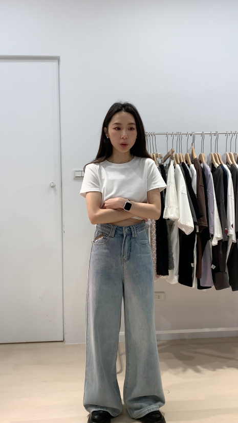 又瘦腿又長的春日小皮標直筒牛仔寬褲SMLXL _A0253(8219)