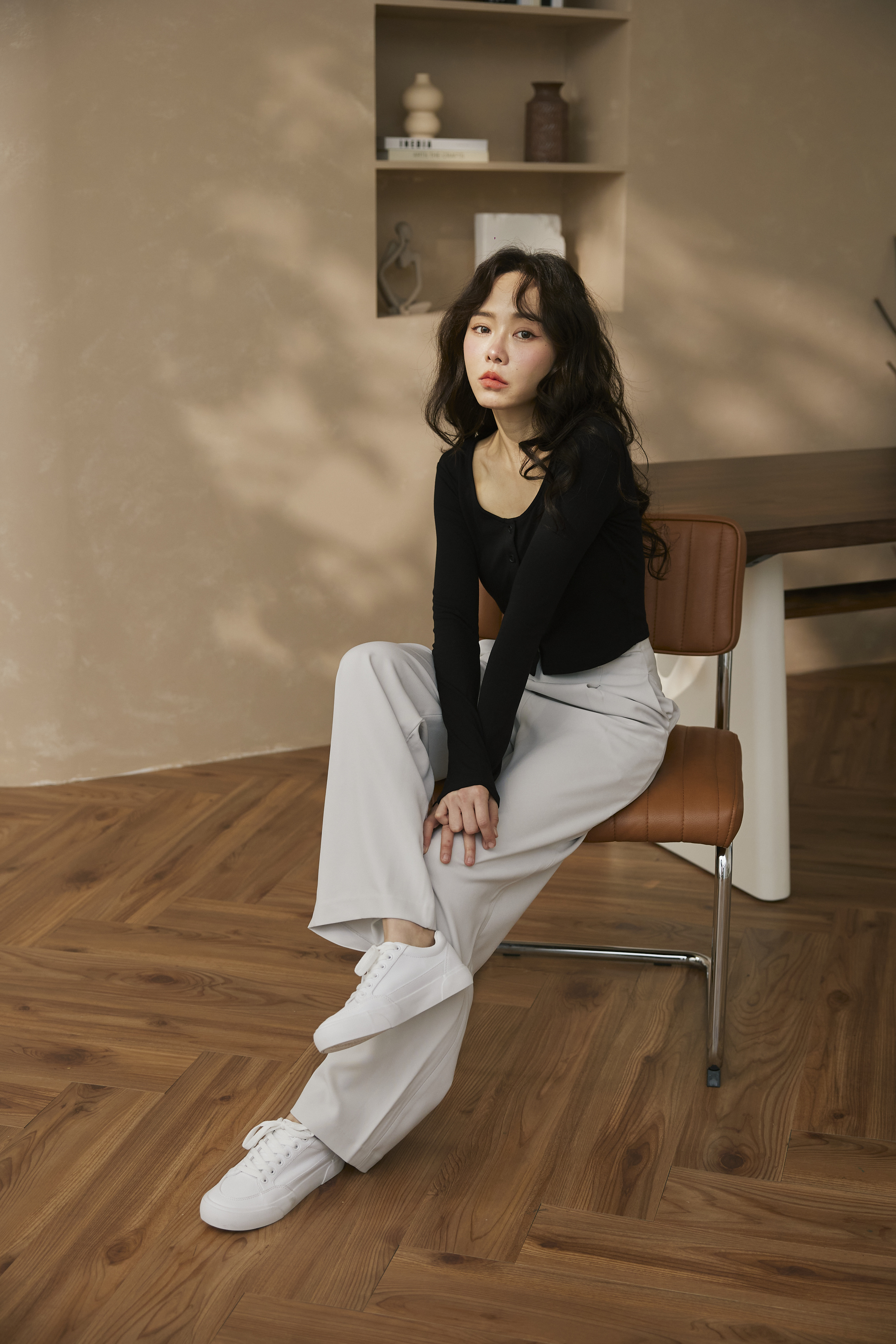 Black Label-淺灰高腰雪紡直筒寬褲