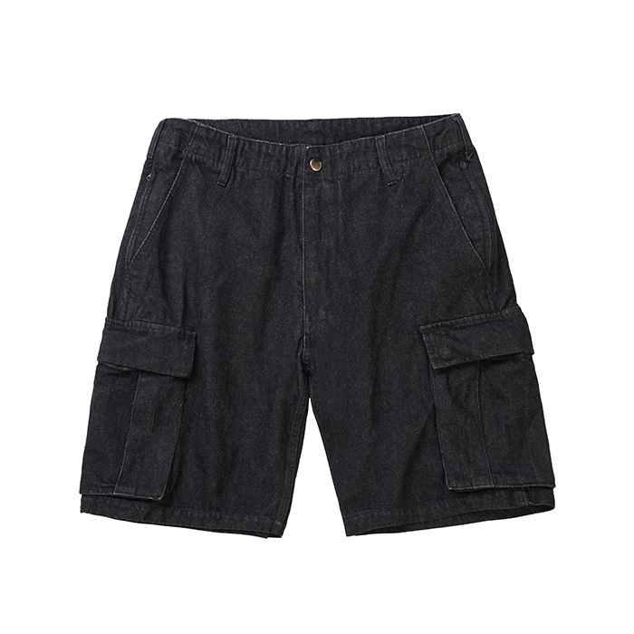 WASHED DENIM CARGO SHORTS - BLACK
