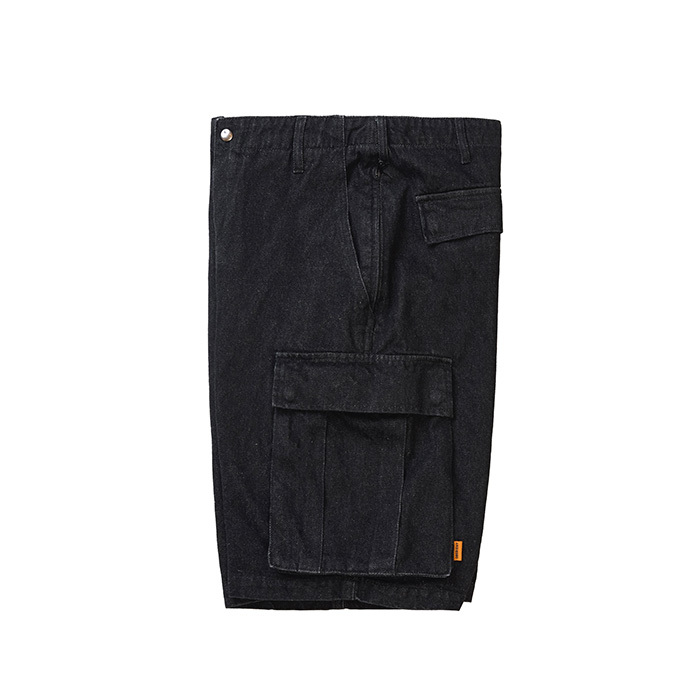 WASHED DENIM CARGO SHORTS - BLACK