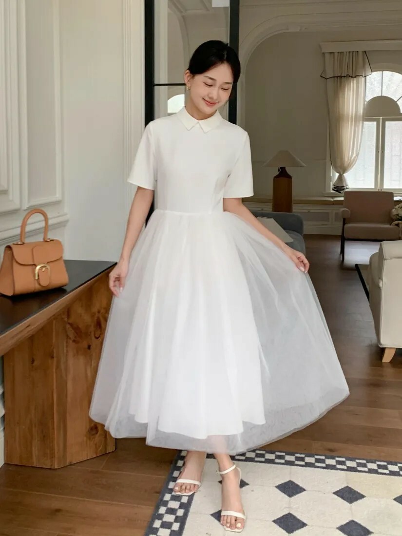 雲朵白拼接歐根紗澎澎裙翻領長洋裝S-M (Elegant & Love)