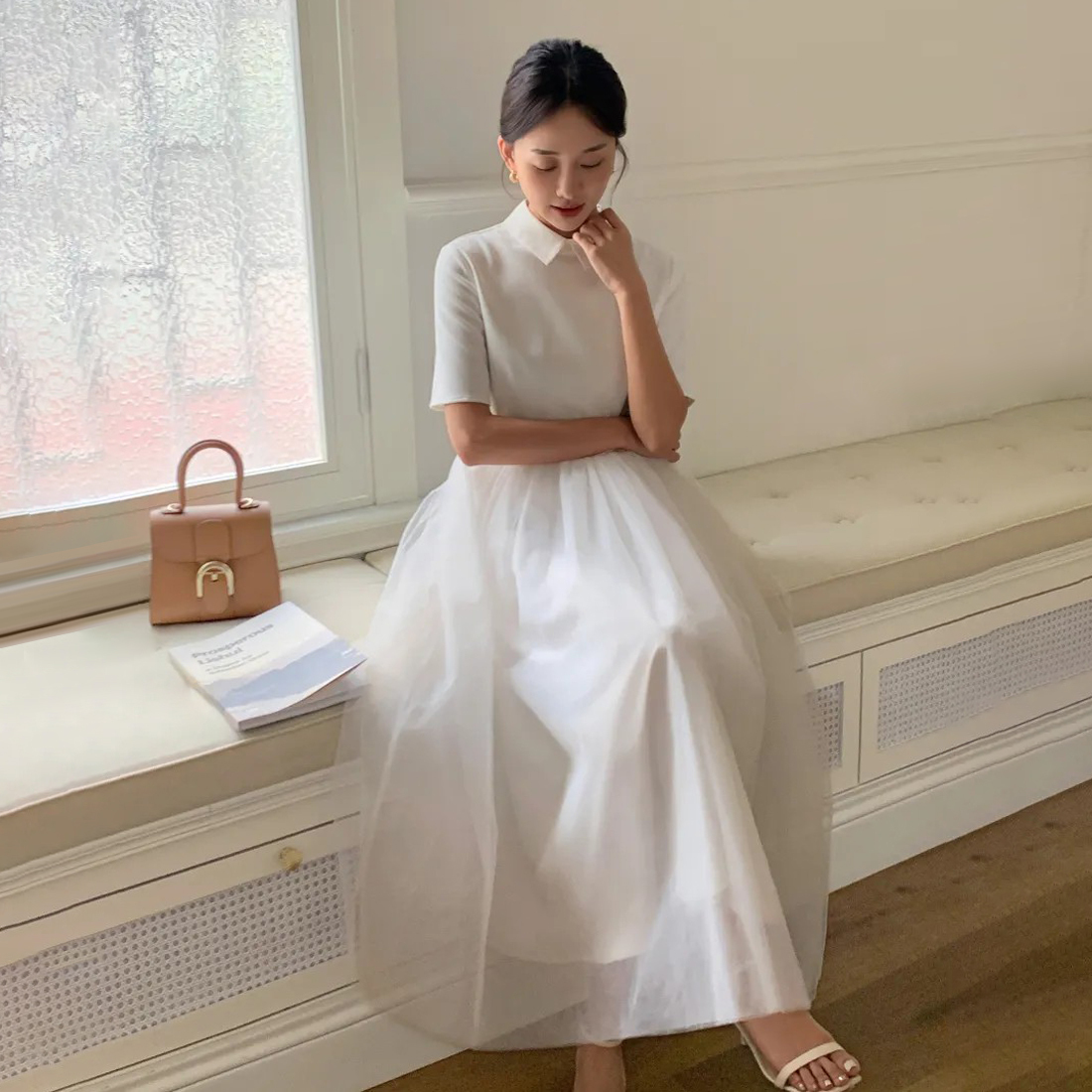 雲朵白拼接歐根紗澎澎裙翻領長洋裝S-M (Elegant & Love)