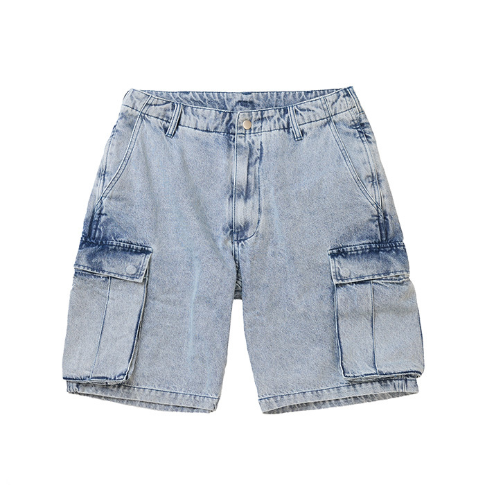WASHED DENIM CARGO SHORTS - LIGHT BLUE