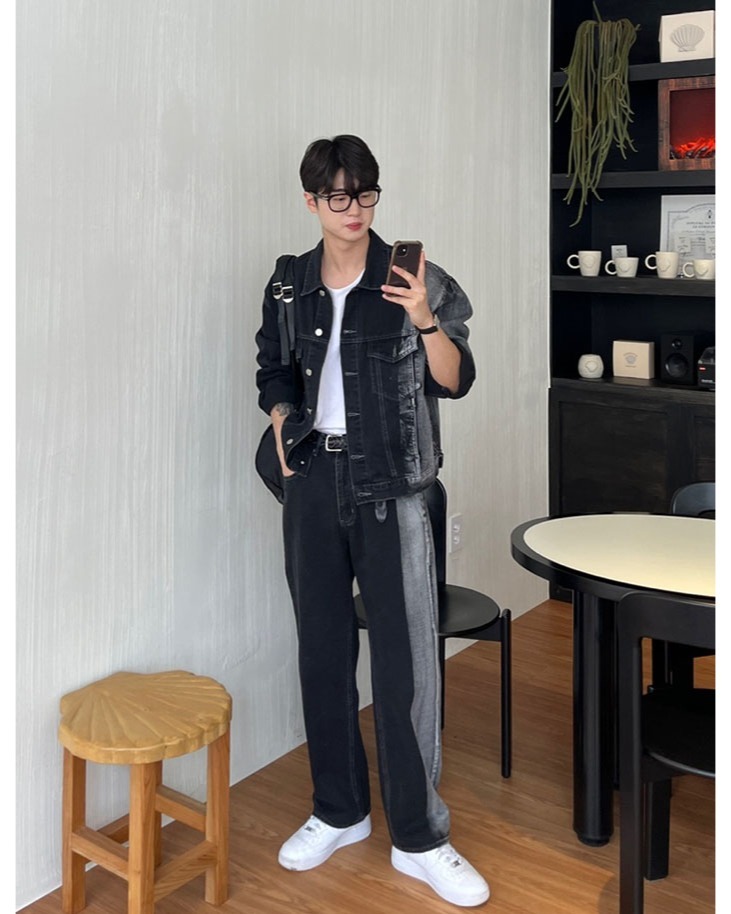 (韓國獨家特價)刷白拼色牛仔褲