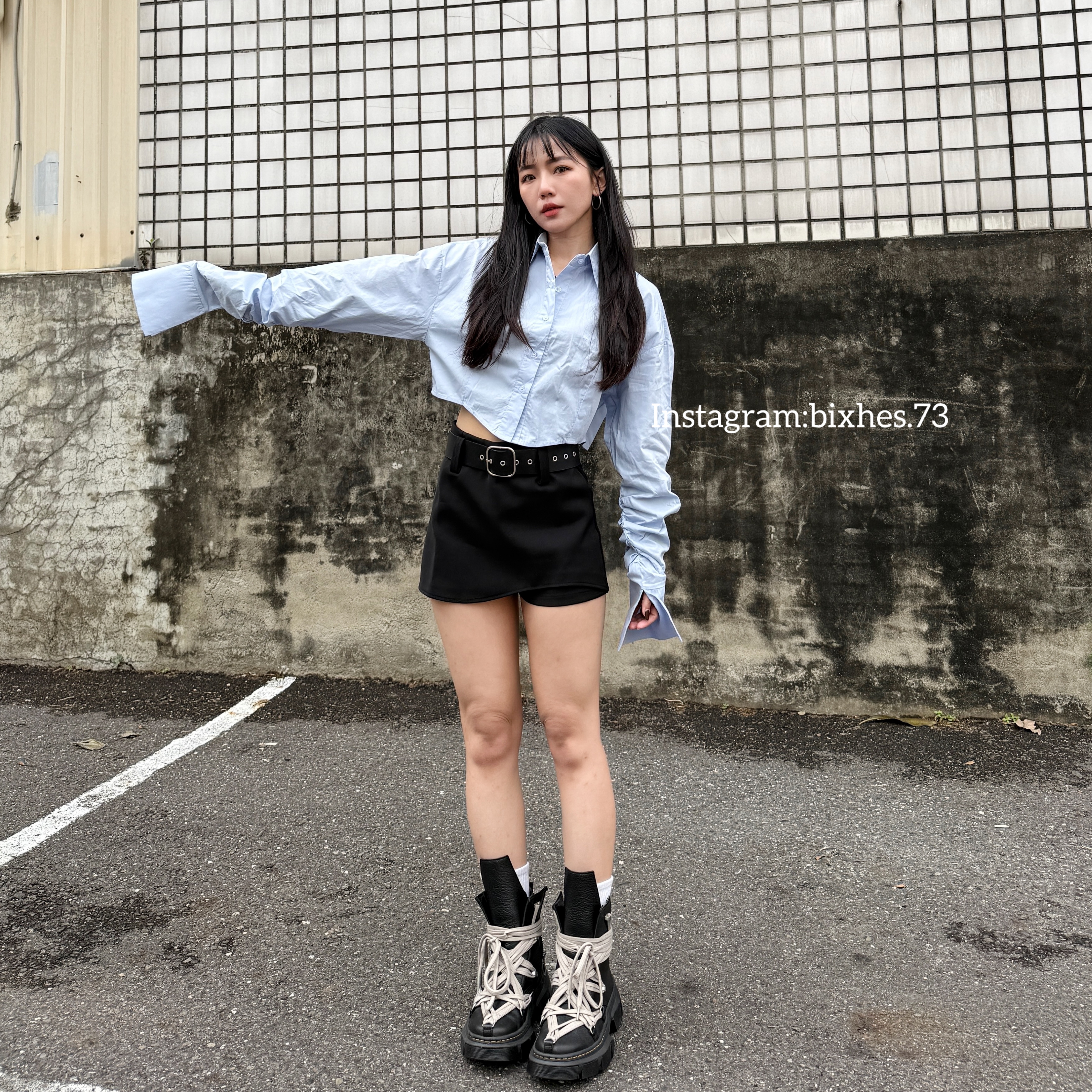 質感附皮帶不規則西裝短裙(D00047)