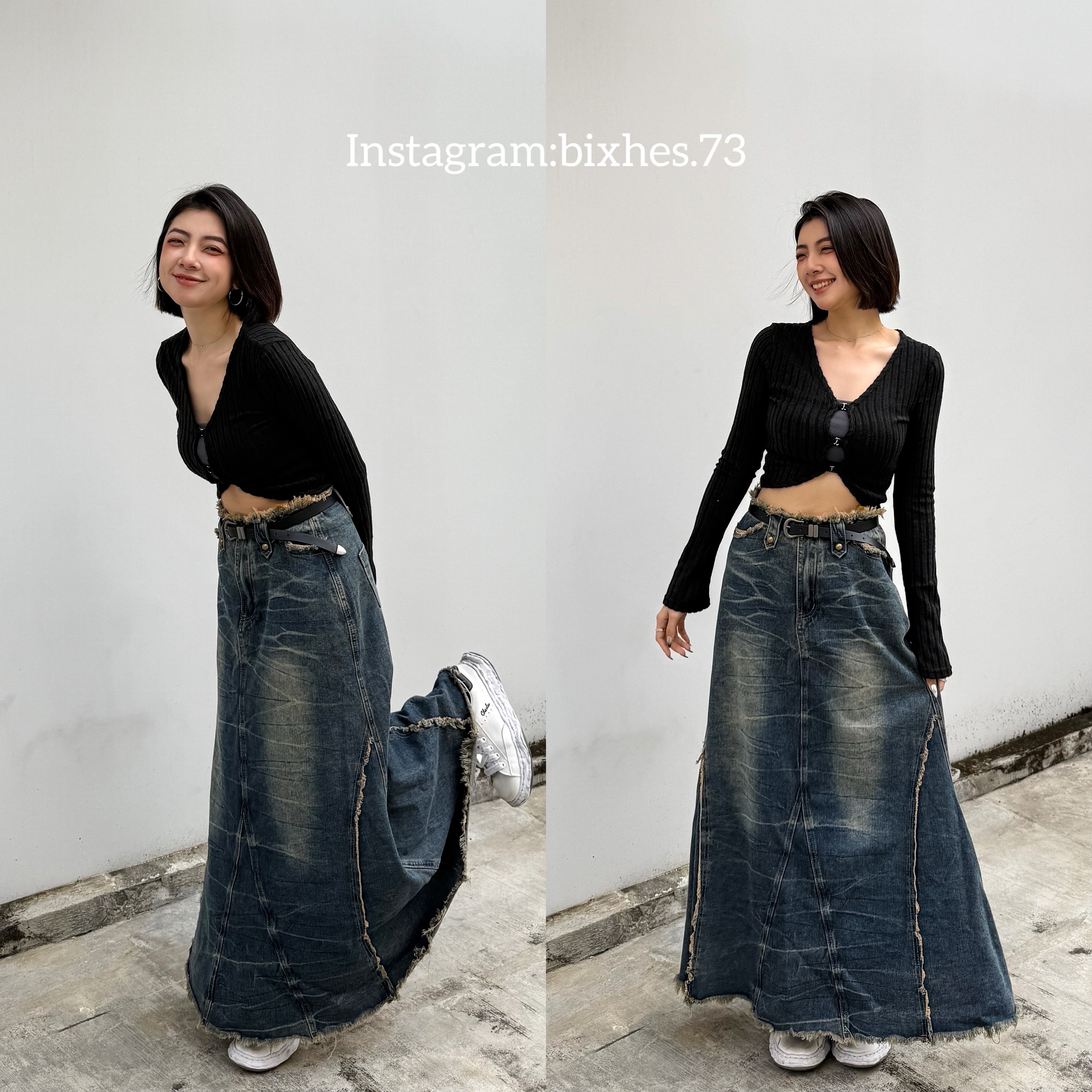 重工毛邊造型牛仔長裙(D00048)