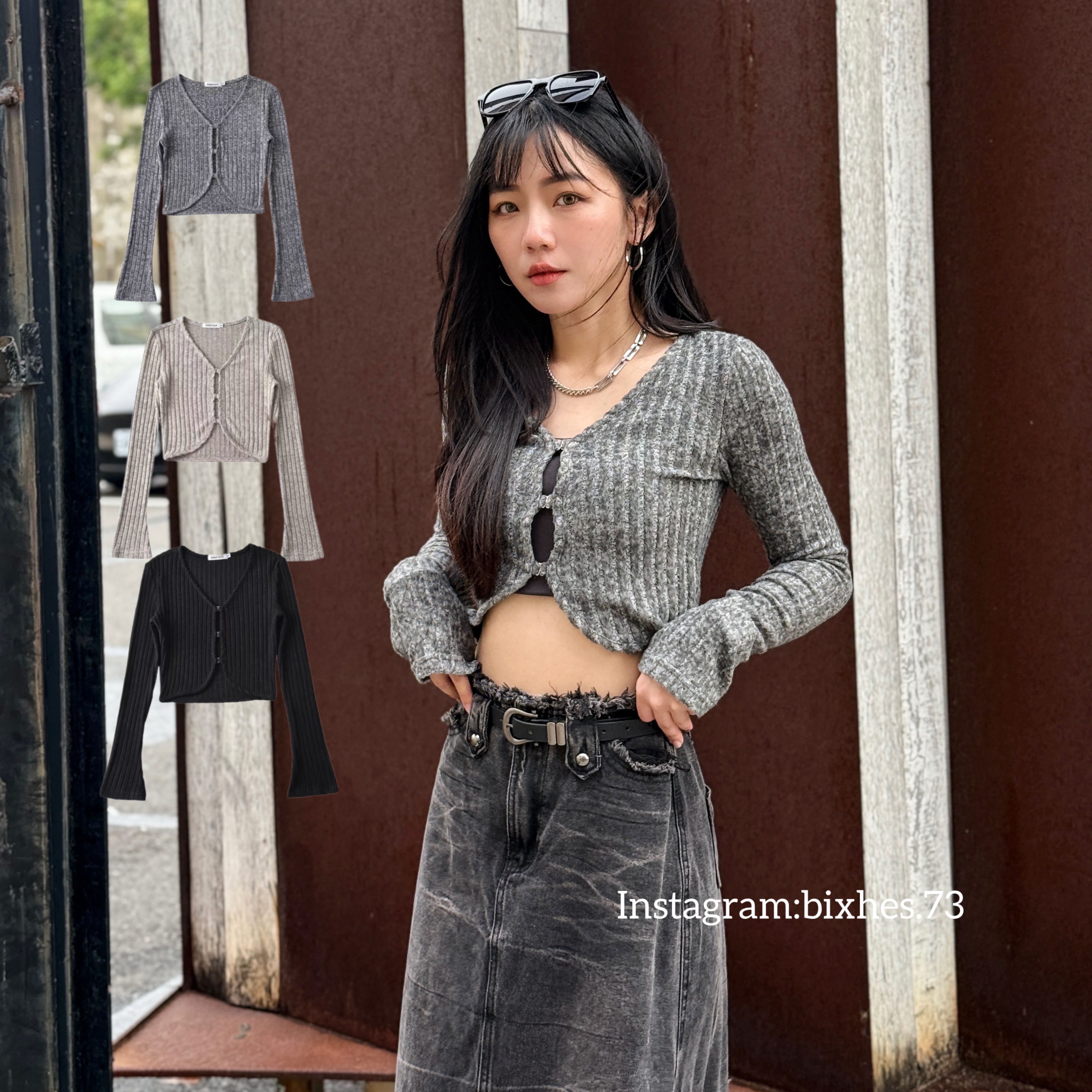 喇叭袖三扣坑條長T(B00127)