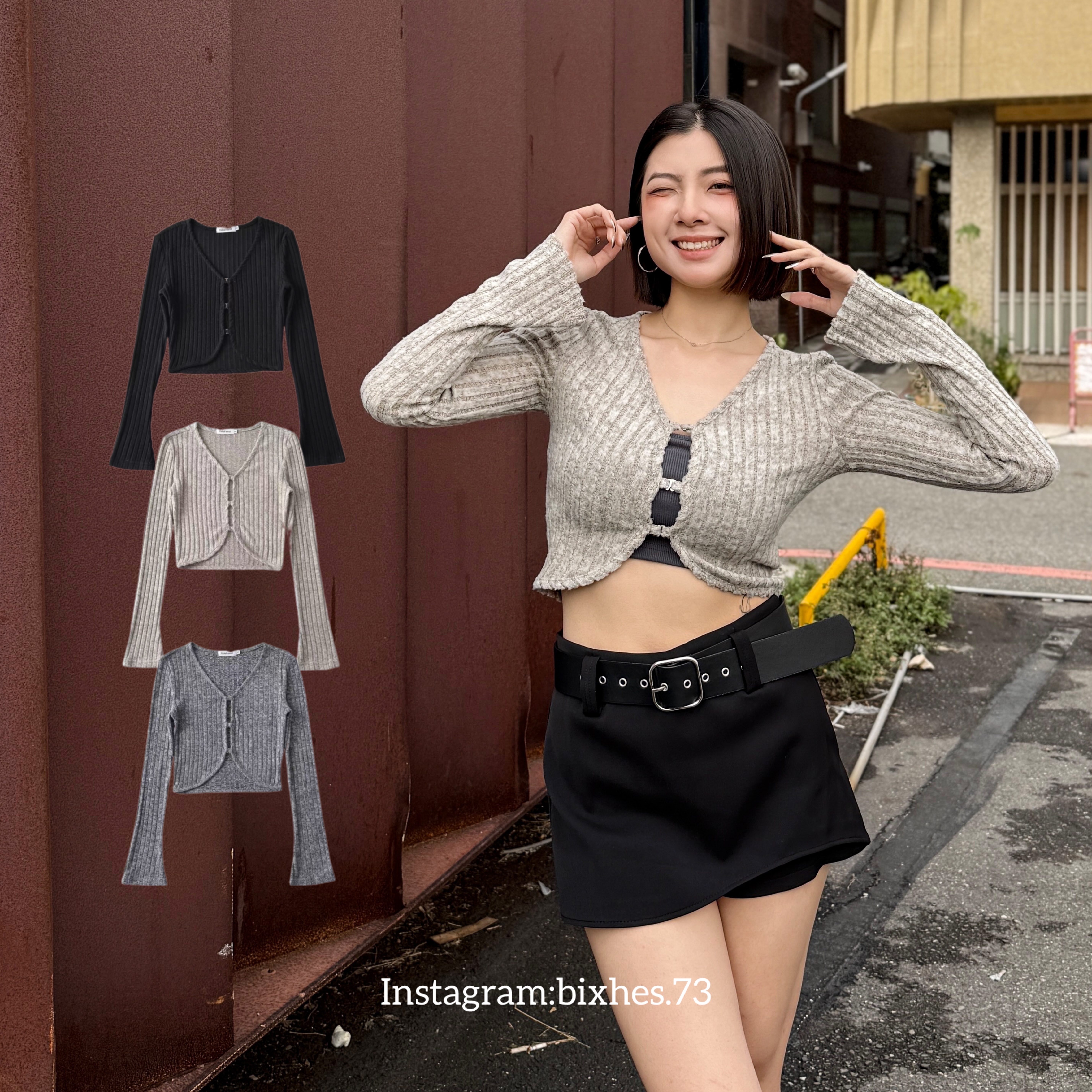 喇叭袖三扣坑條長T(B00127)