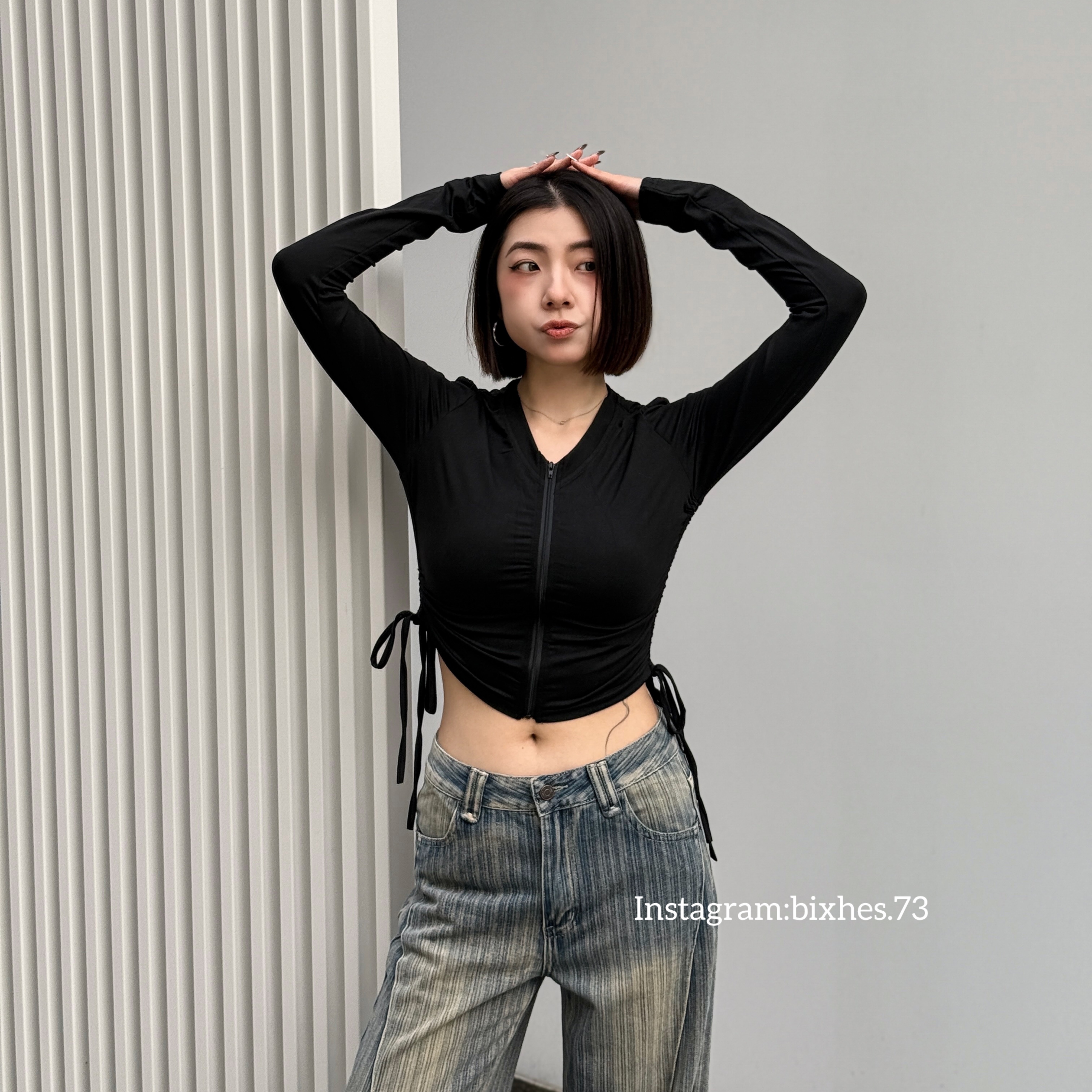 抽繩拉鍊防曬長T(B00128)