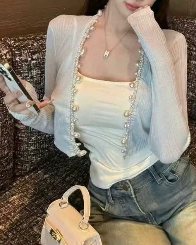 邊緣釘珠鑽薄款針織小外套