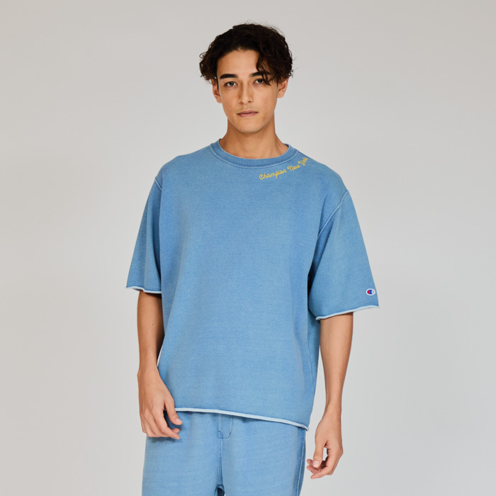 男款-不收邊 刺繡 水洗丹寧 短袖T恤-藍色（C3-B011-326）