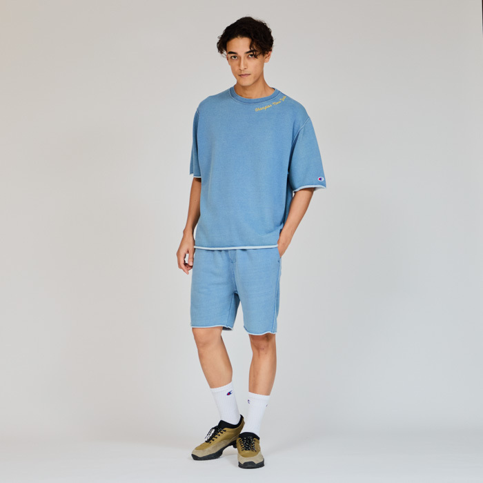 男款-不收邊 刺繡 水洗丹寧 短袖T恤-藍色（C3-B011-326）