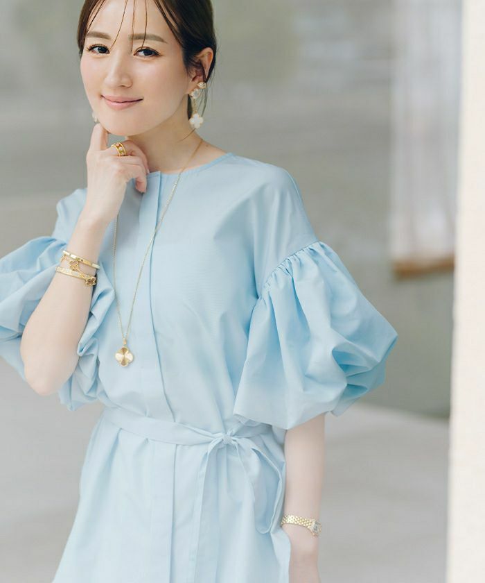 ur’s ベルト付ノーカラーバルーンスリーブブラウス藍S（BFXU1802）