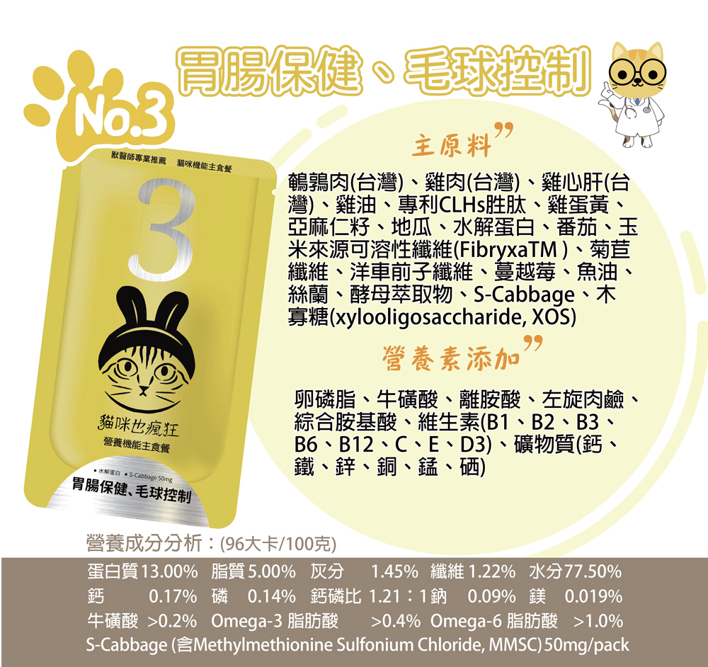 貓咪也瘋狂 |機能主食餐包-No.3胃腸保健、毛球控制(鵪鶉+雞肉)(單包)
