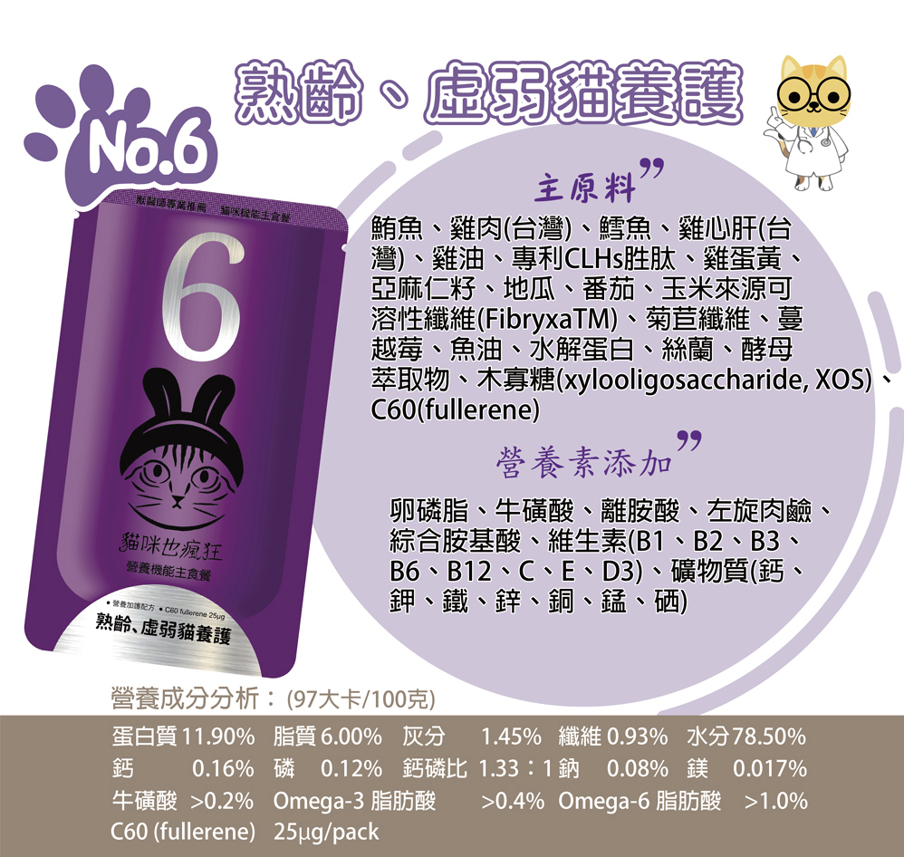 貓咪也瘋狂 |機能主食餐包-No.6老貓、虛弱貓養護(鮪魚+鱈魚+雞肉)(單包)
