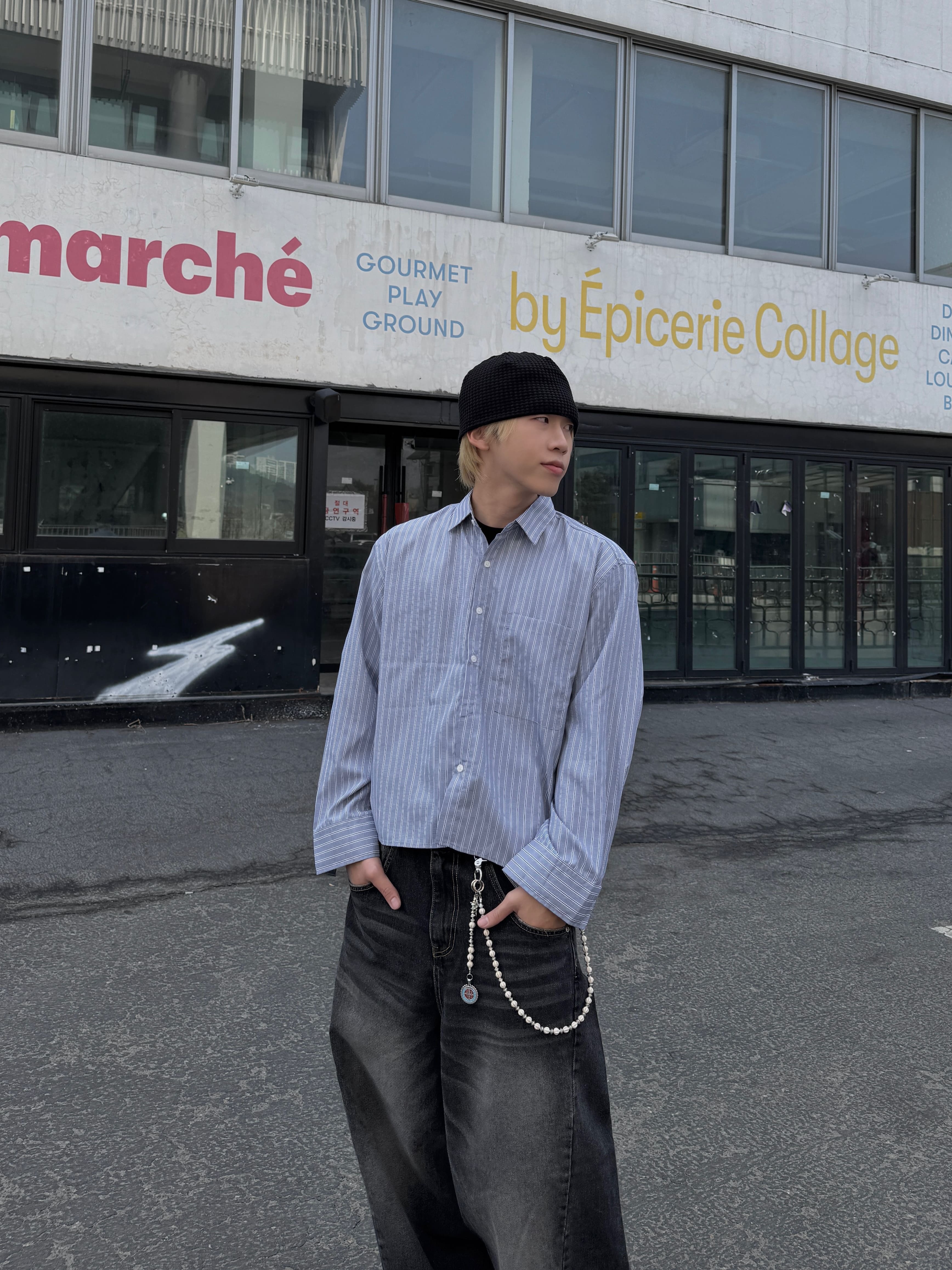 BOXY寬短 口袋 細條紋 長袖 襯衫（部分現貨）