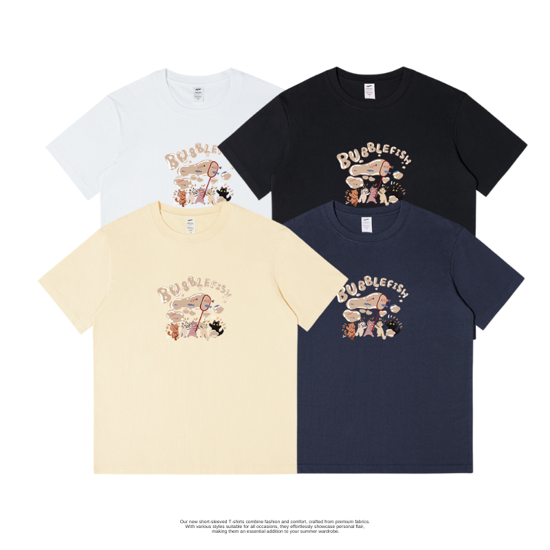 美式休閒寬鬆超Q貓咪玩泡泡印花短TEE