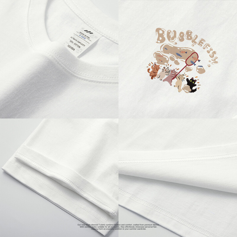 美式休閒寬鬆超Q貓咪玩泡泡印花短TEE