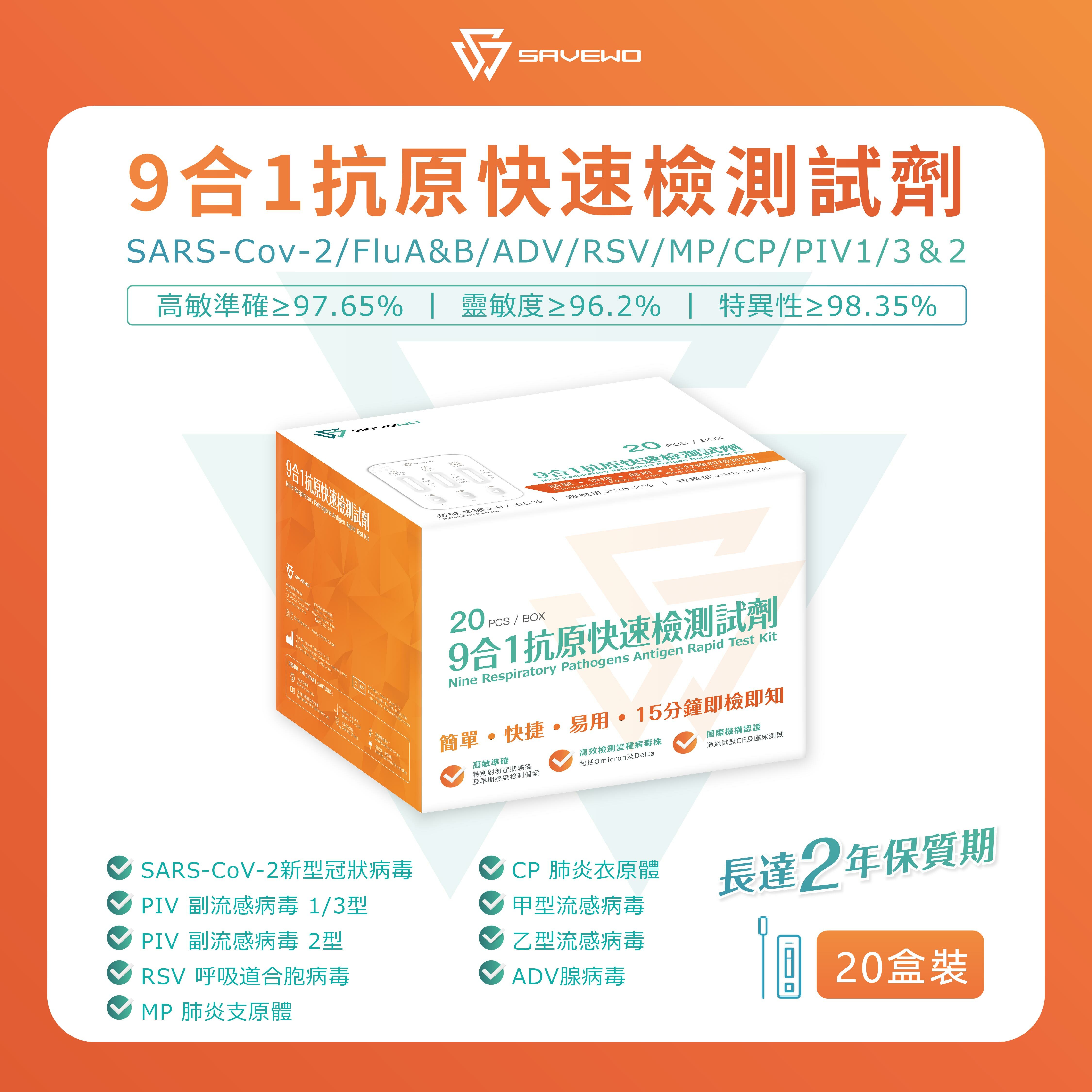 *20支裝* SAVEWO 九合一抗原快速檢測試劑 (新型冠狀病毒 Covid-19 / 呼吸道合胞病毒 RSV / 甲型流感 Flu A/ ⼄型流感 Flu B/ 腺病毒 RSV/ 肺炎支原體 MP/副流感 PIV 1/3型/副流感PIV 2型/肺炎衣原體 CP)