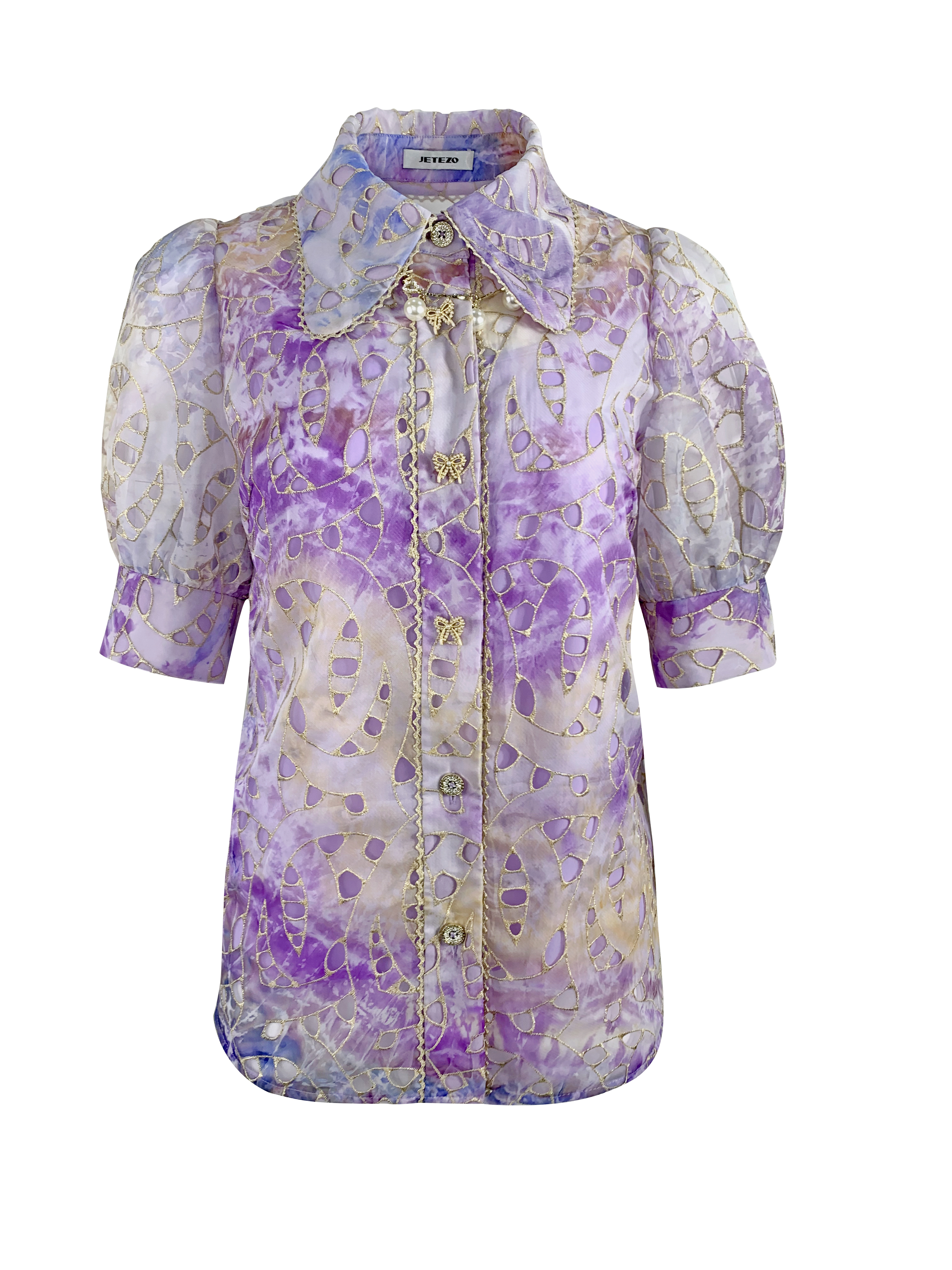 BB1EA110A1 熱帶風情畫特殊噴染金蔥邊翻領上衣