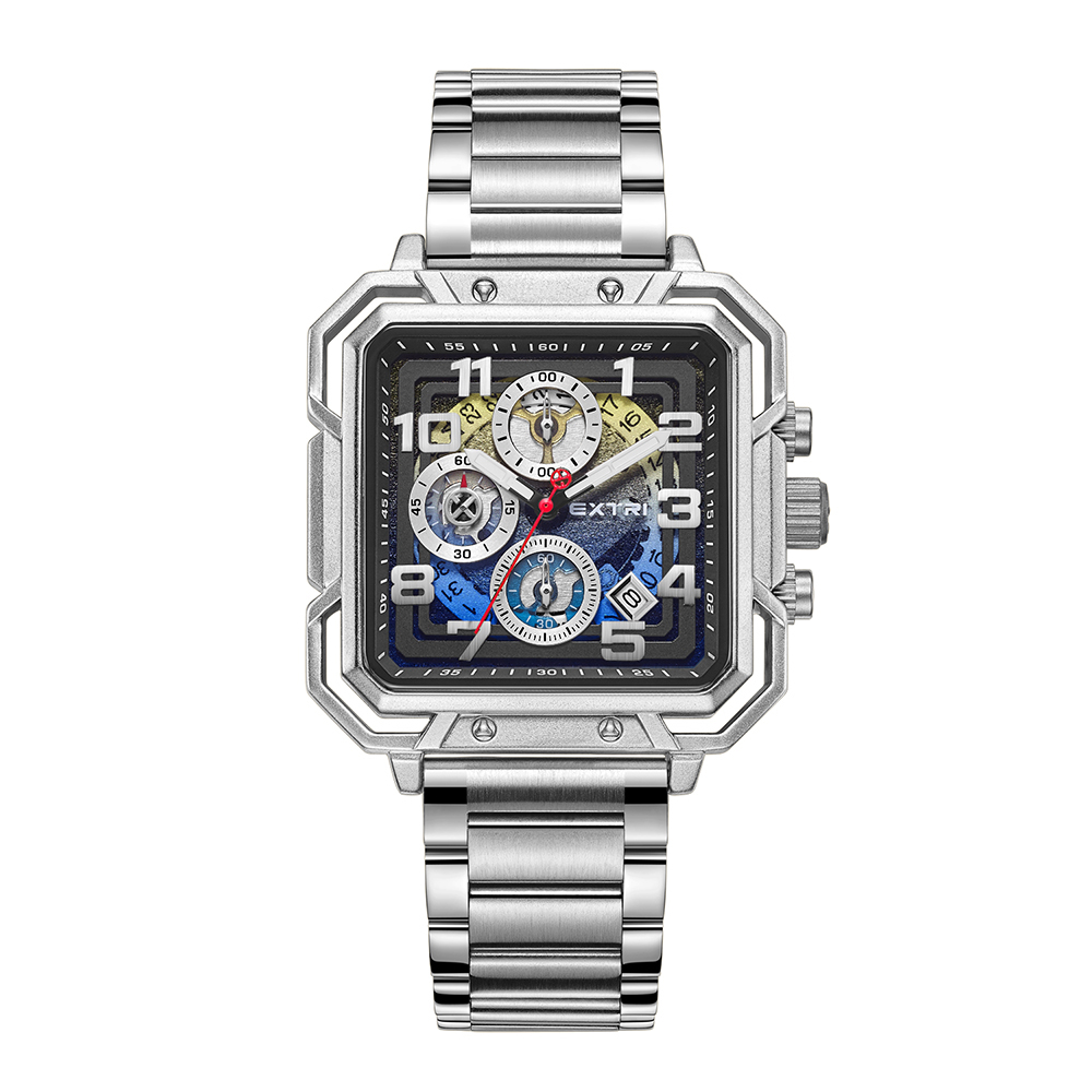【EXTRI】X6098 潮流 方形 三眼 計時 日期顯示 不鏽鋼 男款 手錶