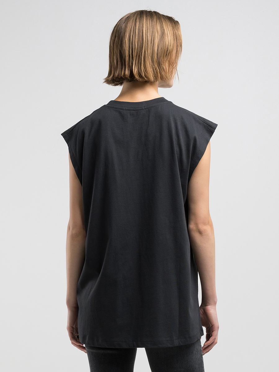 碳黑色男友版型印花蓋肩袖T恤