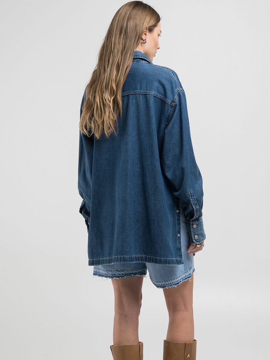 寬版側開長袖丹寧牛仔罩衫