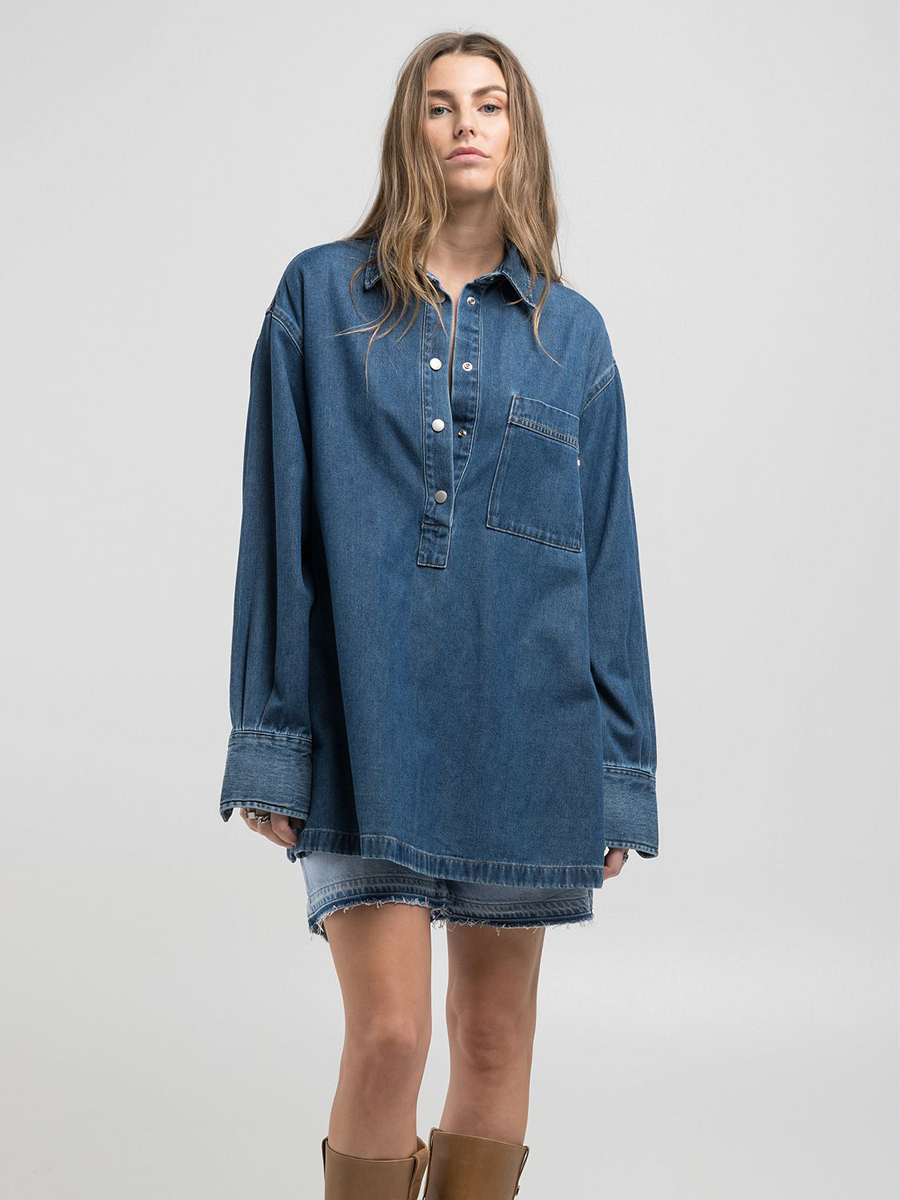 寬版側開長袖丹寧牛仔罩衫