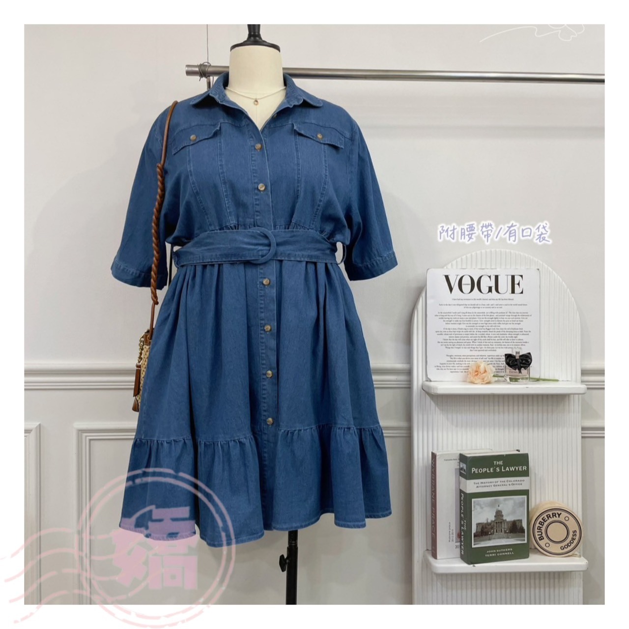 T01034寬腰帶排扣牛仔短洋(預購款)(藍)