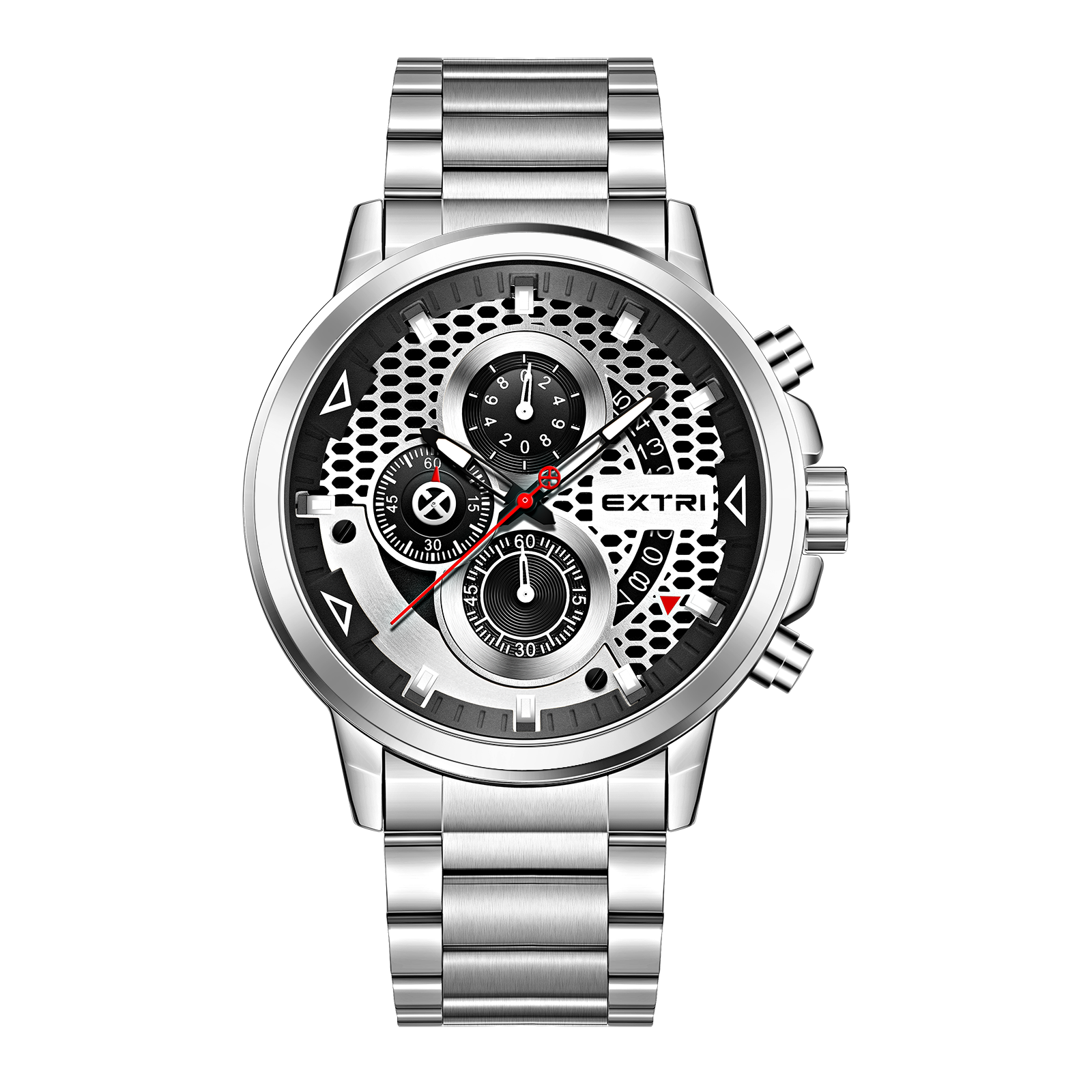 【EXTRI】X6079 復古 網狀錶盤 三眼 計時 日期顯示 夜光刻度 不鏽鋼 男款 手錶