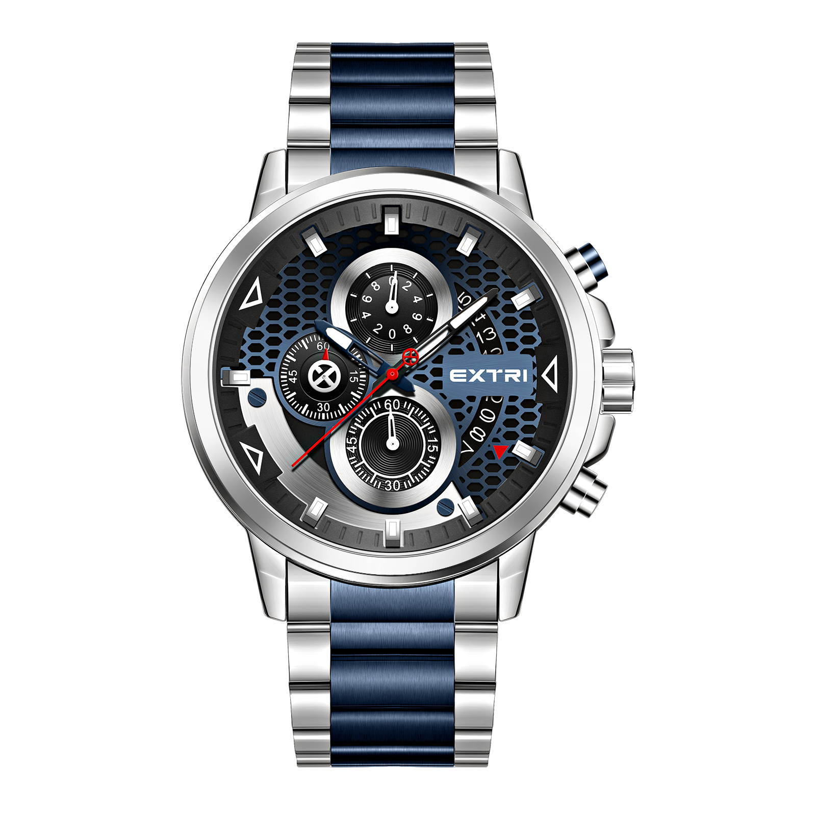【EXTRI】X6079 復古 網狀錶盤 三眼 計時 日期顯示 夜光刻度 不鏽鋼 男款 手錶