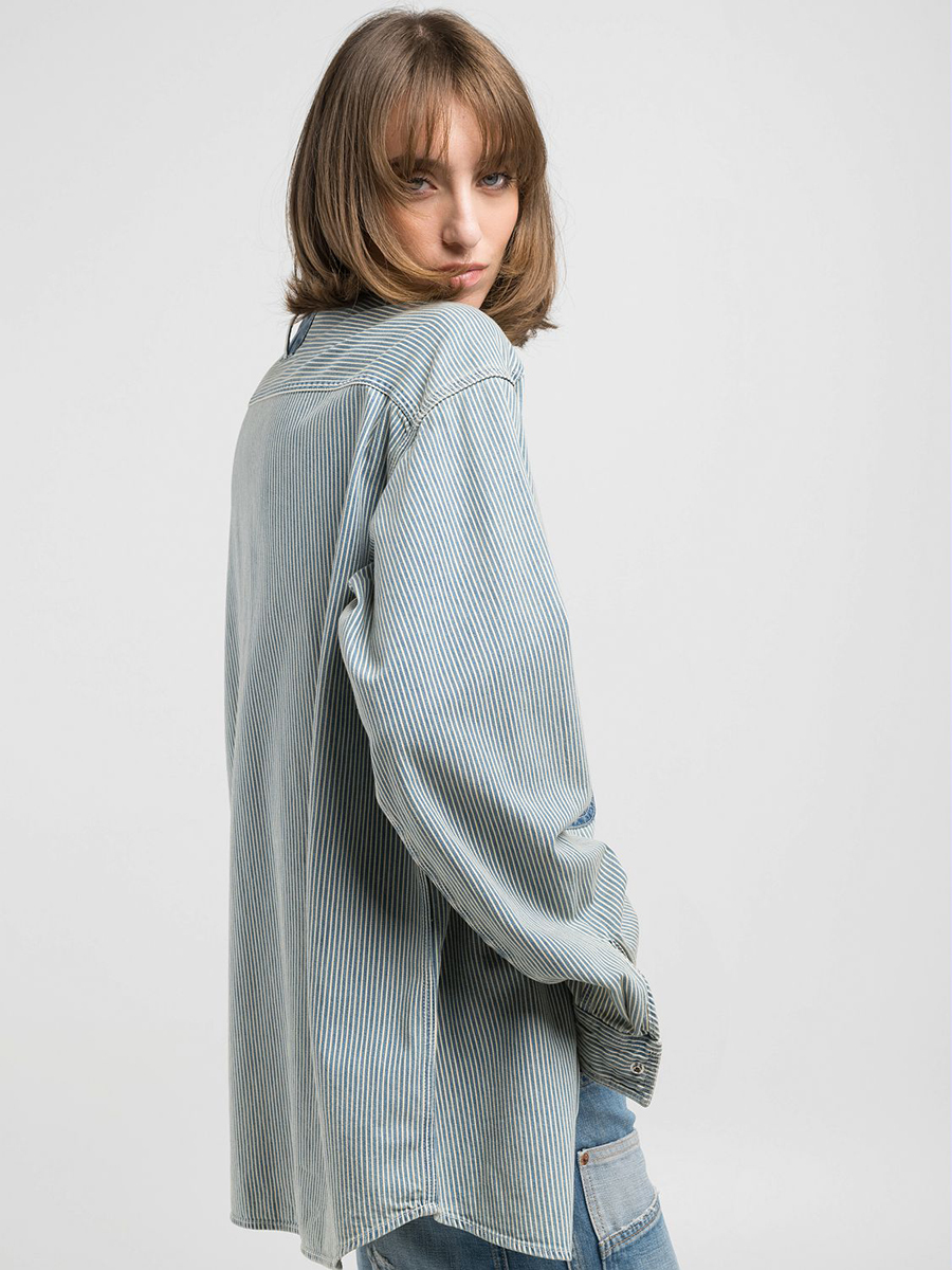 寬版大口袋條紋丹寧牛仔襯衫