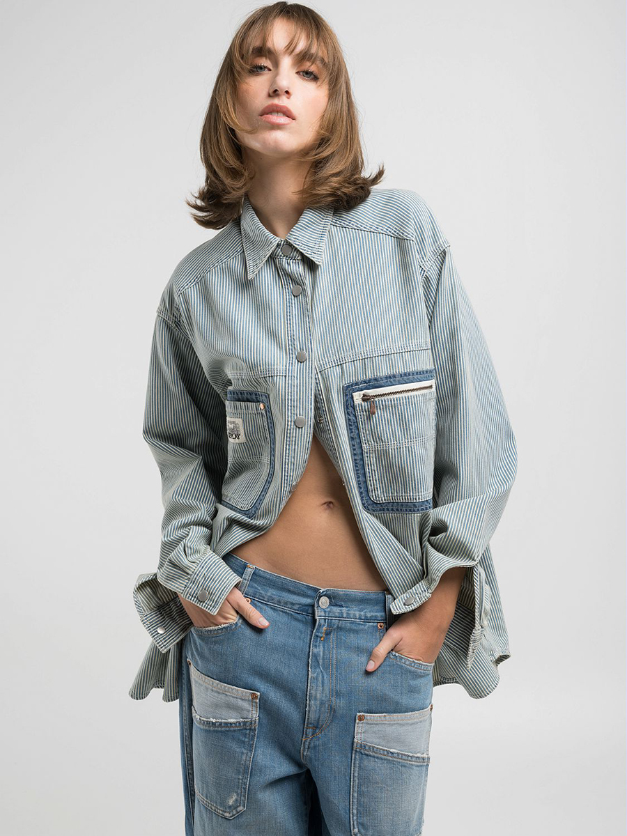 寬版大口袋條紋丹寧牛仔襯衫