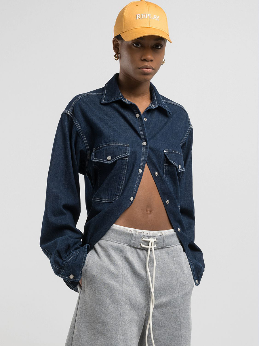 9ZERO1寬版深藍大口袋丹寧牛仔襯衫