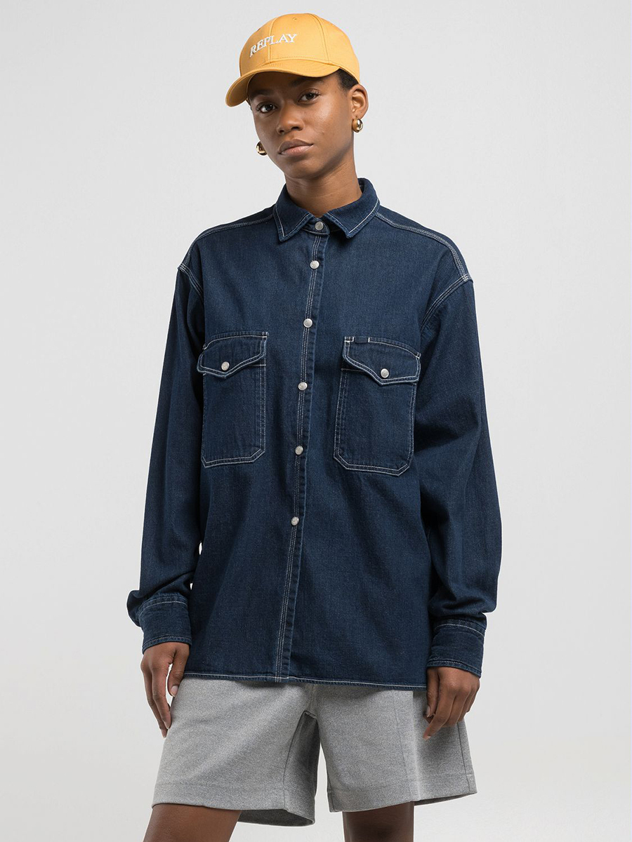 9ZERO1寬版深藍大口袋丹寧牛仔襯衫
