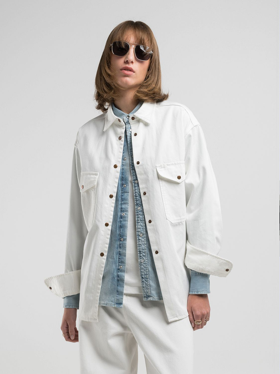 9ZERO1寬版白色大口袋丹寧牛仔襯衫