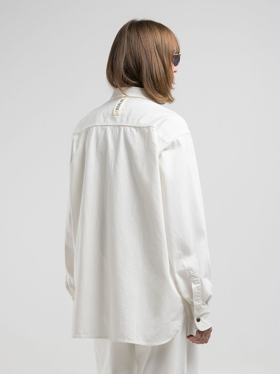 9ZERO1寬版白色大口袋丹寧牛仔襯衫