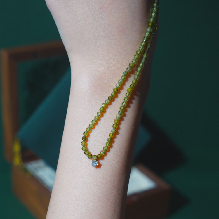 森林光隙的願石 水晶天然石 橄欖綠水晶單水鑽 項鍊