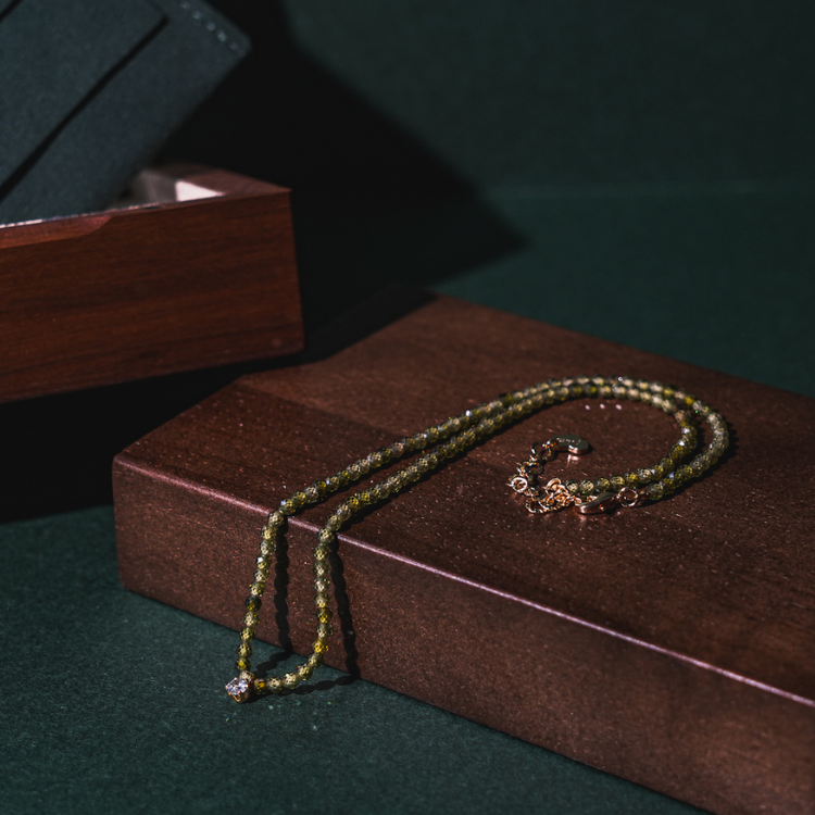 森林光隙的願石 水晶天然石 橄欖綠水晶單水鑽 項鍊