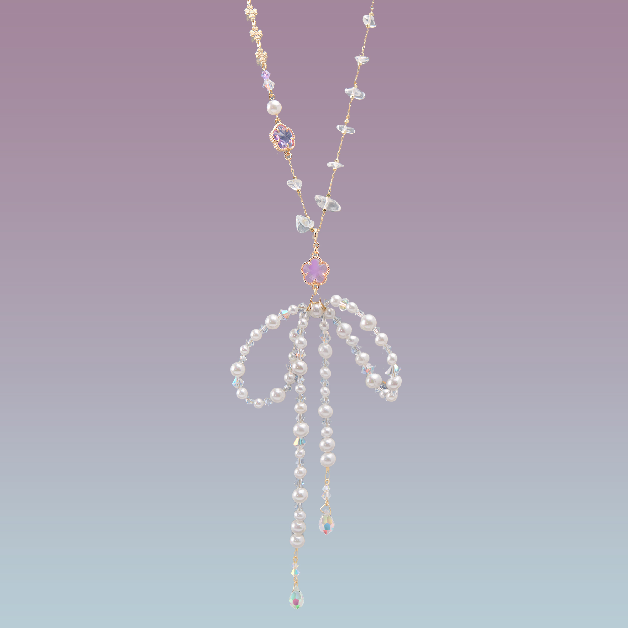 Sakura Ripple Bow Natural Crystal Long Necklace