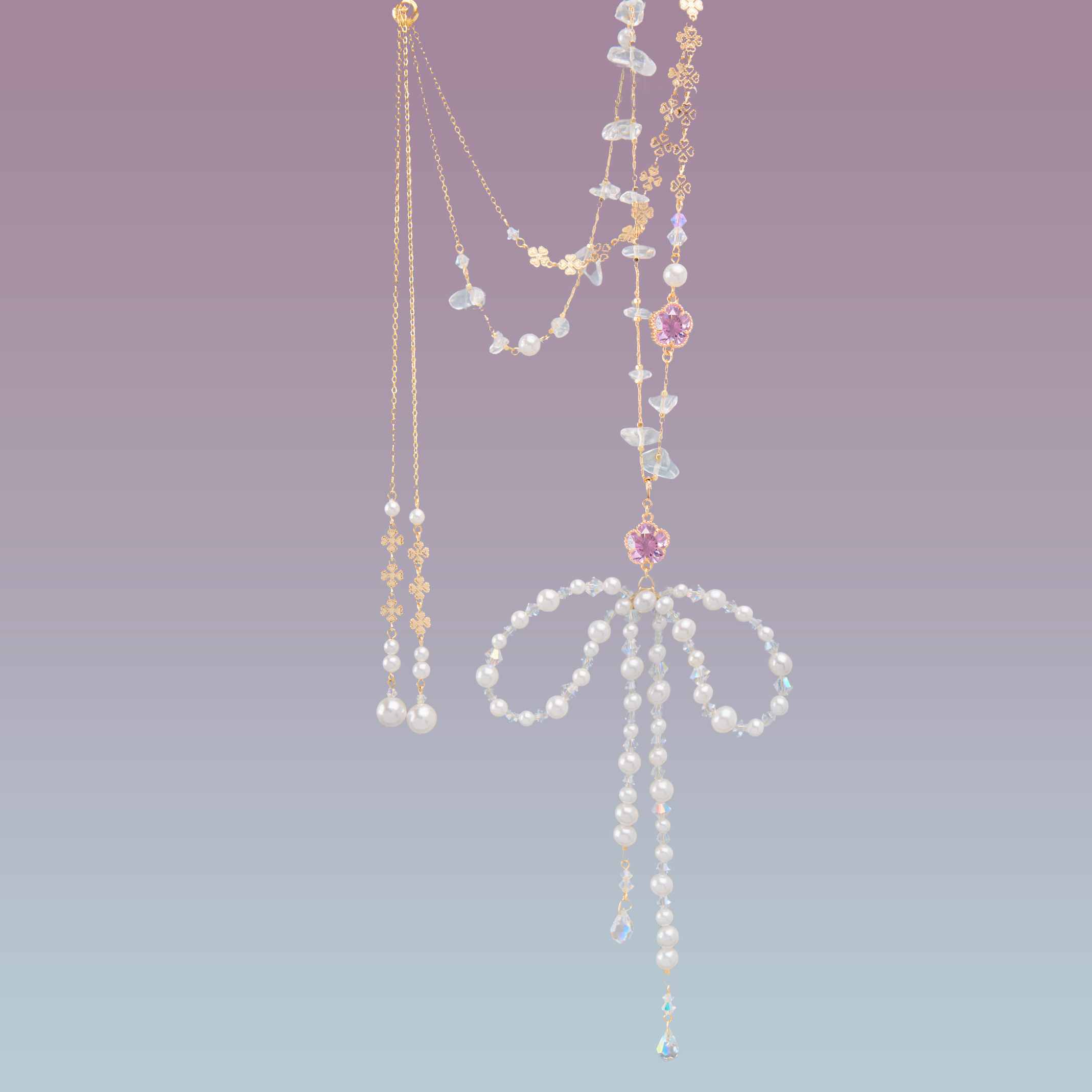 Sakura Ripple Bow Natural Crystal Long Necklace