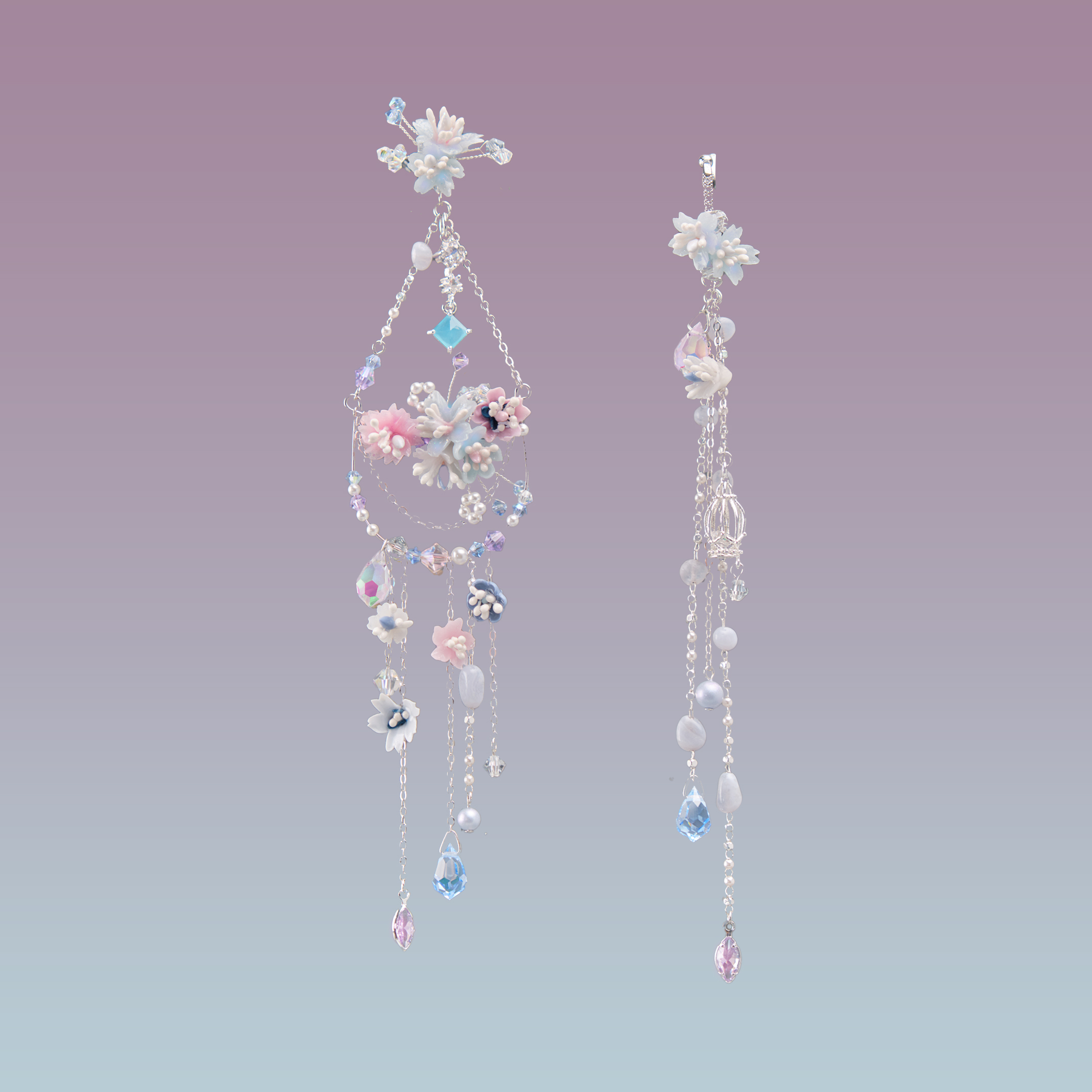 Asymmetric Fallen Blossom Swing S925 Earrings & Ear Cuff Set