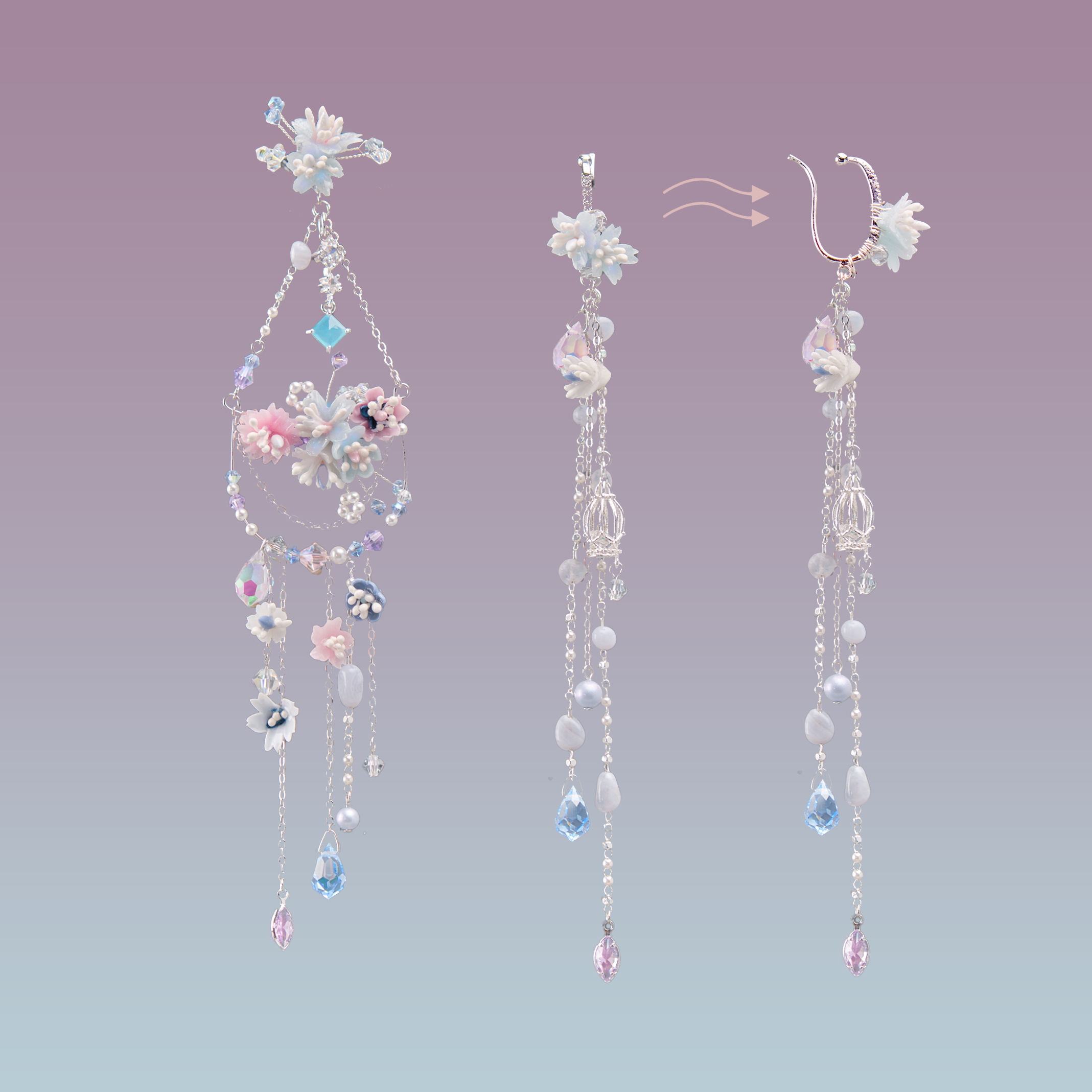 Asymmetric Fallen Blossom Swing S925 Earrings & Ear Cuff Set