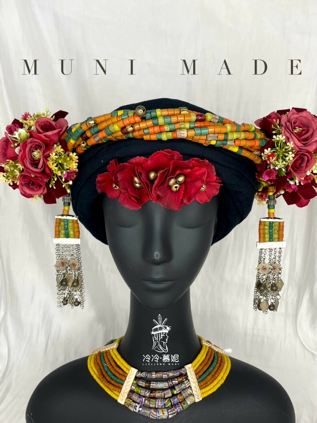 Muni-No.68貿易老珠配花轉珠頭飾